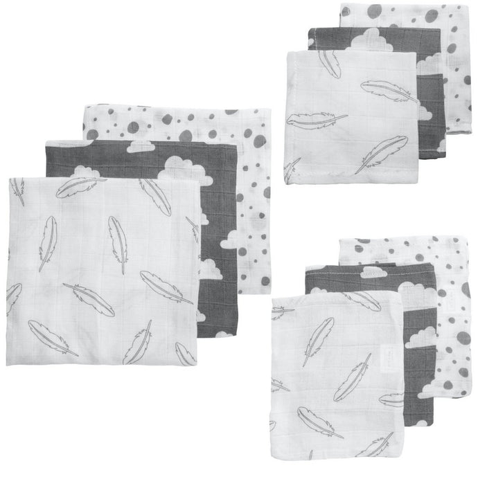 Meyco hydrofiel starterset 9-delig - Feathers/clouds/dots/grijs - Ikenmijnmama