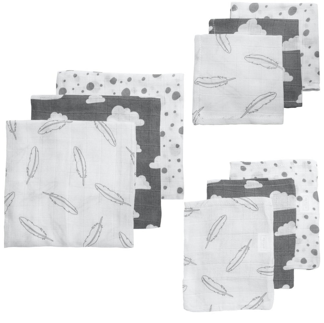 Meyco hydrofiel starterset 9-delig - Feathers/clouds/dots/grijs - Ikenmijnmama
